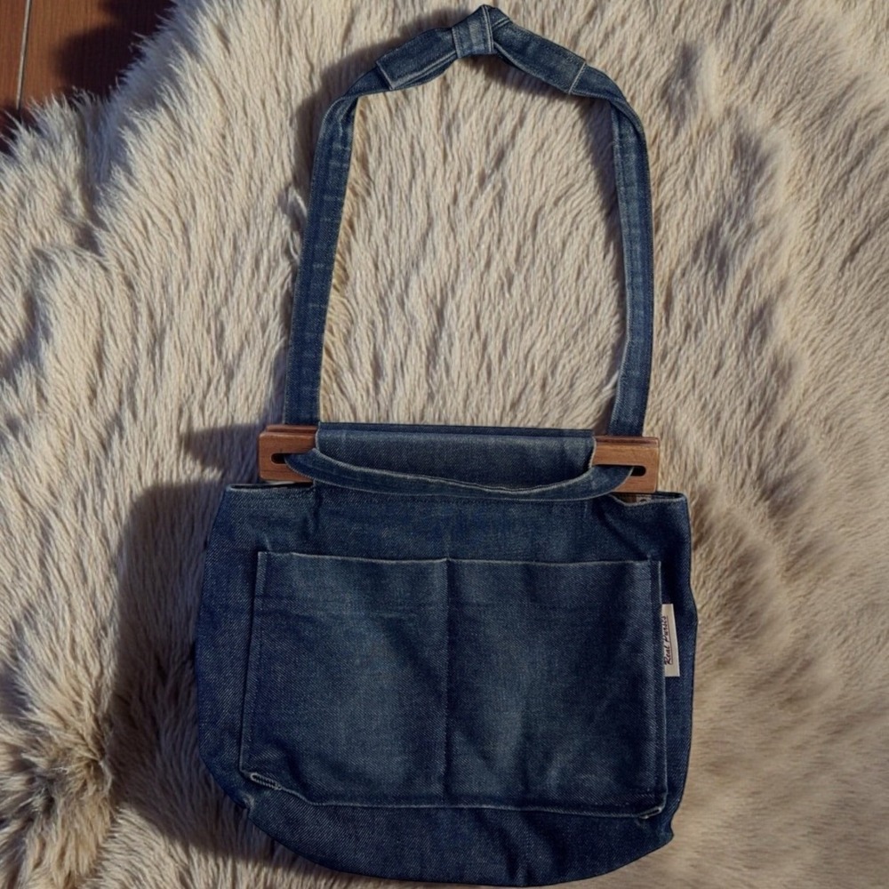 Real Purses VTG Wood Slide Purse Bag Denim Adjustable Boho 90's RARE HTF